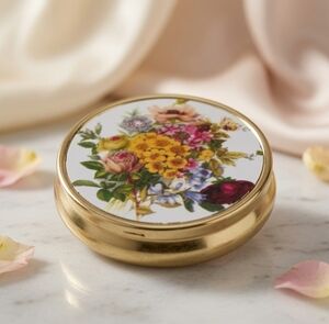 Vintage Gold Tone Floral Pill Trinket Box Multi-Color Flowers Container